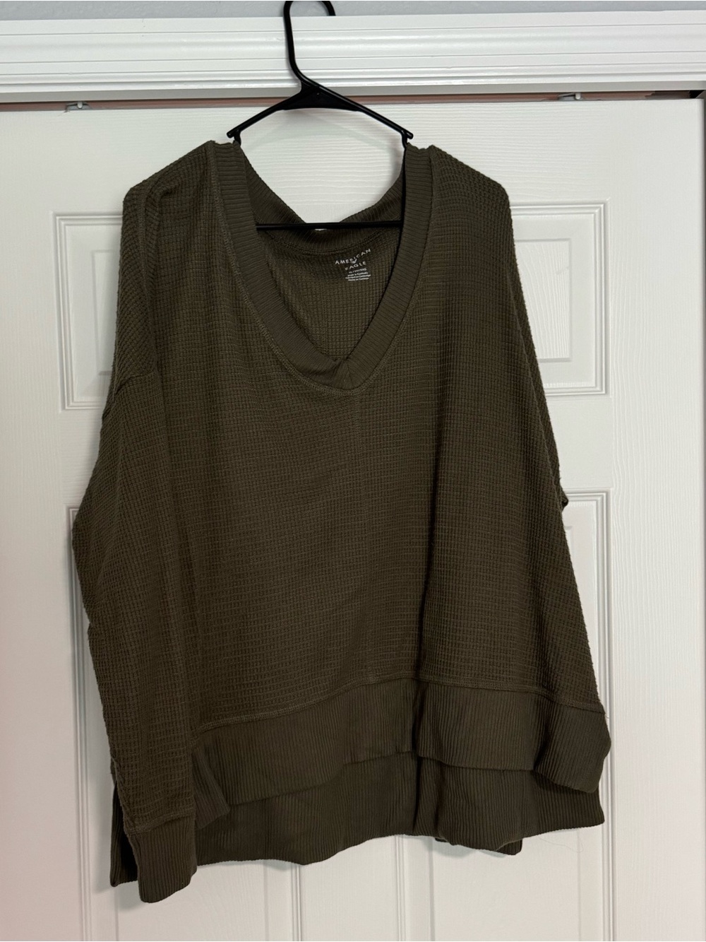 American Eagle Olive Green Waffle V-Neck Top